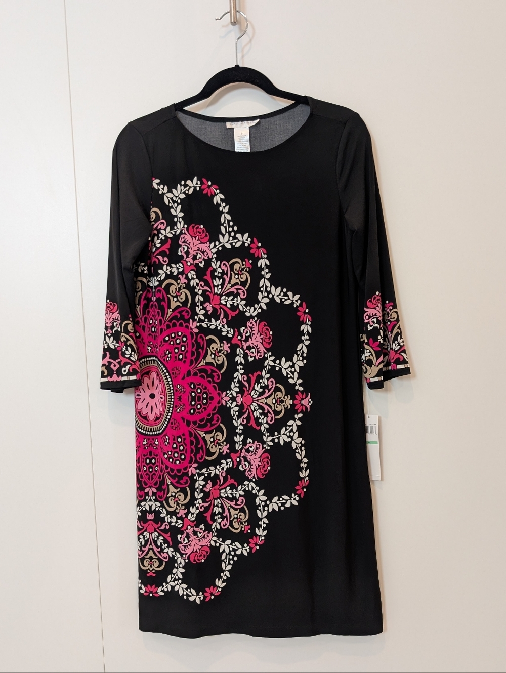 NWT! London Times Black Dress with Pink Medallion Print